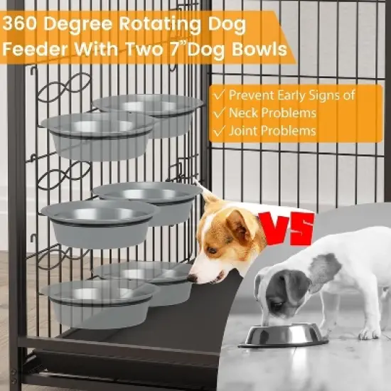 Dog Crate Furniture, 57" Indoor Dog Kennel with Storage Shelves, Divider, Adjustable Feeding Bowls & Removable Tray image {2}