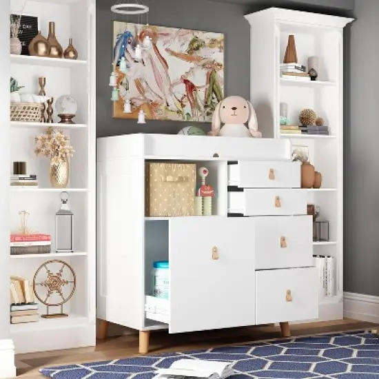 FUFU&GAGA Baby Changing Table Storage Cabinet Large Operating Table Four Drawers Leather Handles Solid Wood Table Corners Practical and Safe image {11}