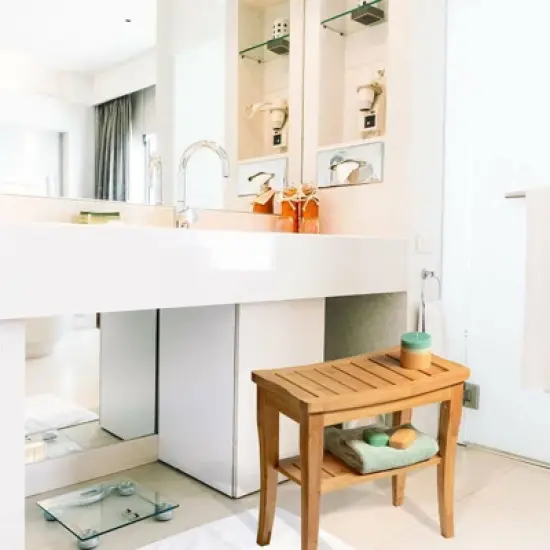 Bamboo Shower Bench, With Storage Shelf for Indoor or Outdoor Use Dimension: 10" x 19" x 18" image {6}