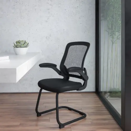 Flash Furniture Black Mesh Sled Base Side Reception Chair with Flip-Up Arms image {1}