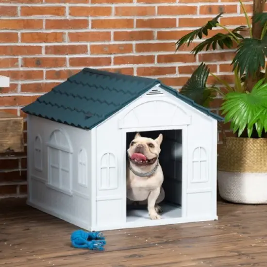 PawHut Plastic Dog House Outdoor & Indoor Easy to Clean, Weather Resistant Dog House for Medium and Small Dogs, 25.5" x 30" x 25", Blue image {2}