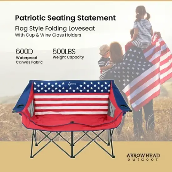Arrowhead Outdoor Portable Folding Double Duo Camping Chair Loveseat Couch w/ 2 Cup & Wine Glass Holder, Supports up to 500lbs (American Flag) image {1}