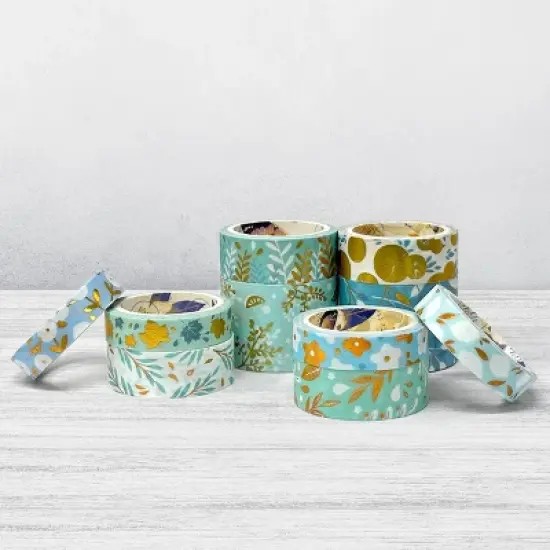Wrapables Decorative Gold Foil Washi Tape Box Set for Arts & Crafts, Scrapbooking, Stationery, Diary (10 Rolls), Blue Green Bloom image {5}