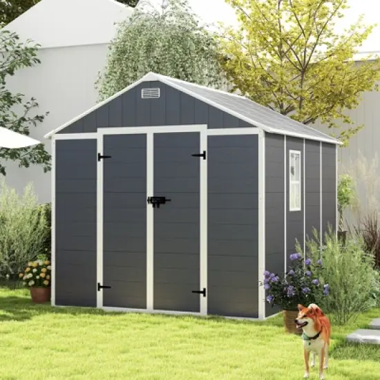 8*8ft resin storage shed, high quality pp material, strong structure, waterproof, rust and UV proof, large storage space,12mm thick pp board,Dark gray image {16}