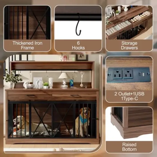 Dog Crate Furniture for Large or 2 Medium Dogs, Heavy Duty Dog Cage Table with 2 Storage Drawers and Shelves,for 2 Dogs with Divider Locks image {6}