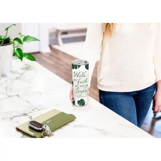 Walk By Faith Not By Sight 2 Corinthians 5:7 Green Monstera Leaf 20 ounce Stainless Steel Travel Tumbler with Lid For Your On The Go Beverages image {3}