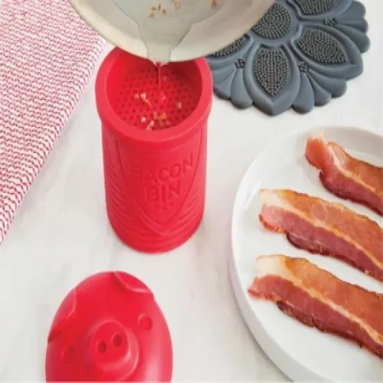 Talisman Designs Bacon Bin Silicone Grease Container with Strainer, 1 cup, Red image {2}