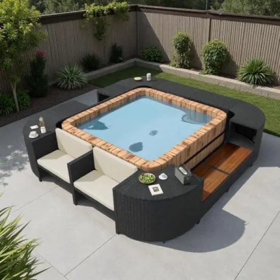 Outdoor Patio Rattan Spa Surround Frame Sofa Set with Storage Spaces and Wooden Bench image {16}