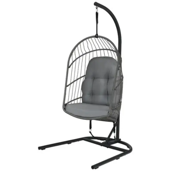 Costway Hanging Wicker Egg Chair w/ Stand Cushion Foldable Outdoor Indoor image {2}