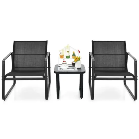 Costway 3PCS Patio Bistro Furniture Set Glass Top Table Garden Deck Black image {8}