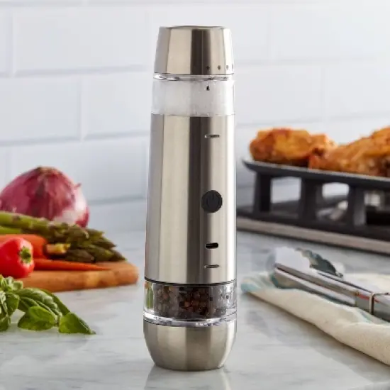 Kamenstein USB Rechargeable Dual Salt and Pepper Grinder: Stainless Steel Seasoning Shakers, Silver, 8.93" Height image {2}