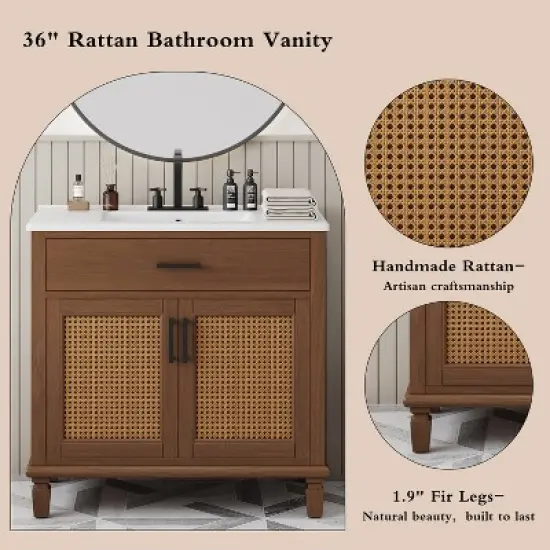 36" Rattan Bathroom Vanity with Ceramic Sink, Soft-Close Drawers & Solid Fir Legs,4" Faucet Compatible, Freestanding Vanity image {12}
