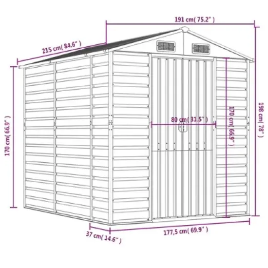 vidaXL Garden Shed Galvanized Steel - Anthracite 75.2 x 84.6 x 78 in image {11}