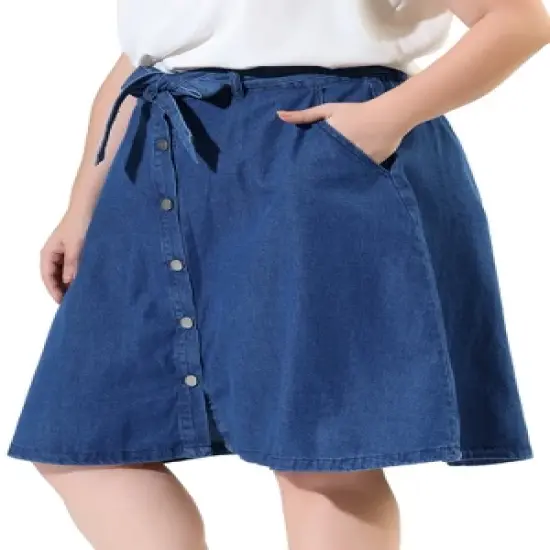 Agnes Orinda Women's Plus Size Denim Tie Waist Button Front A-Line Midi Skirts image {9}