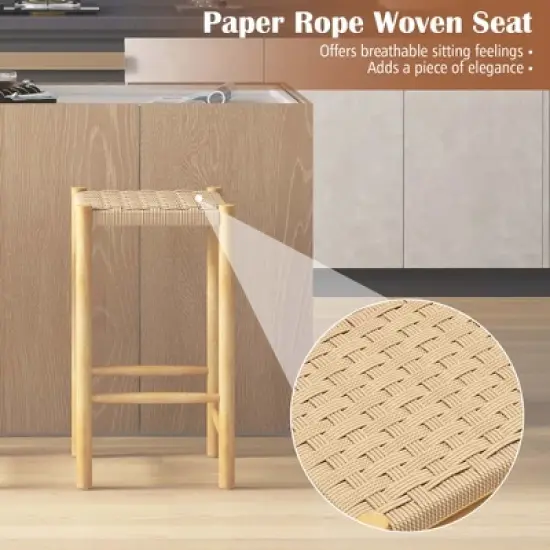 Costway 26'' Dining Bar Stool Set of 2/4 Counter Height with Rubber Wood Woven Saddle Seat image {5}