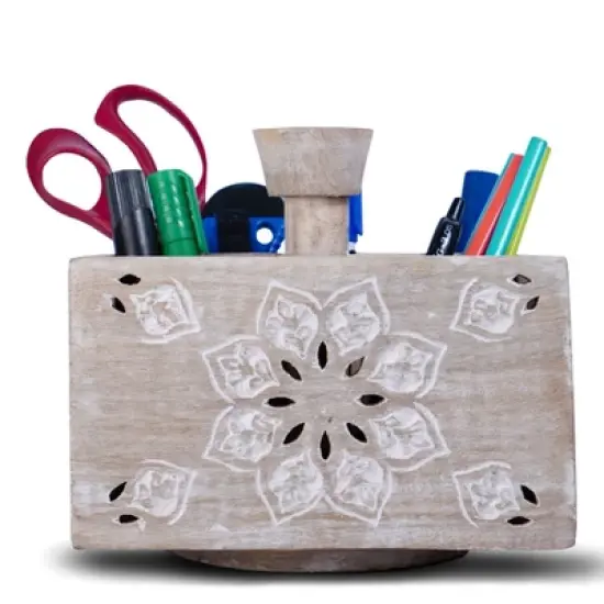 Mela Artisans Spinning Wooden Pen Holder with 4 Compartments White image {1}