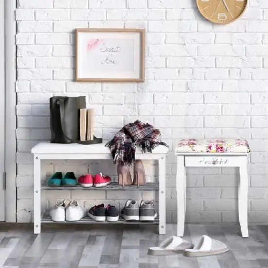 Costway Vanity Wood Dressing Stool Padded Chair Makeup Cushion White Backless image {2}