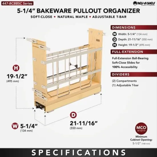 Rev-A-Shelf 447-BCBBSC-5C 5 Inch Wood Bakeware Pull Out Kitchen Storage Organizer with 100 Pound Ball-Bearing Soft Close Slides image {1}