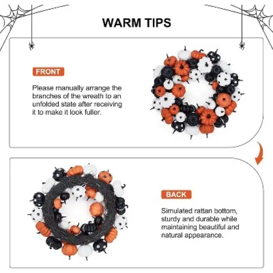 GAOMON 18 Inch Halloween Fall Wreath for Front Door, Black Orange White Artificial Pumpkin Wreath image {4}