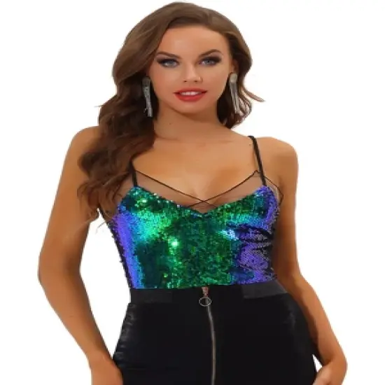 Allegra K Women's Sequin Sparkle Mesh Panel Sleeveless Party Club Cami Top image {6}