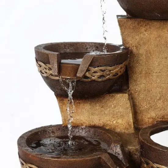 LuxenHome Brown Resin Tiered Bowls and Pot Outdoor Fountain image {4}