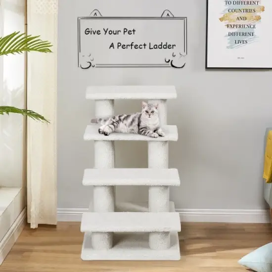24''4-Step Pet Stairs Carpeted Ladder Ramp 8 Scratching Post Cat Tree Climber image {3}