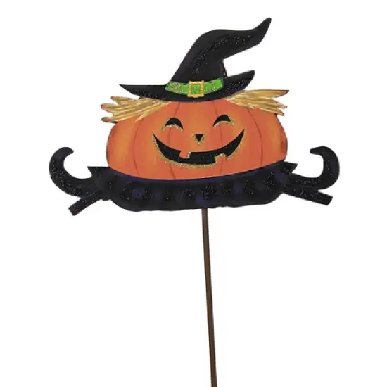 Halloween Costume Pumpkin Trio  -  Three Garden Stakes 26 Inches -  Mummy Frankenstein Witch  -  F20050  -  Metal  -  Orange image {1}