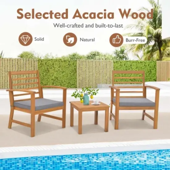 Tangkula 3PCS Furniture Set Acacia Wood Conversation Set w/ Soft Seat Cushions Outdoor Gray image {1}