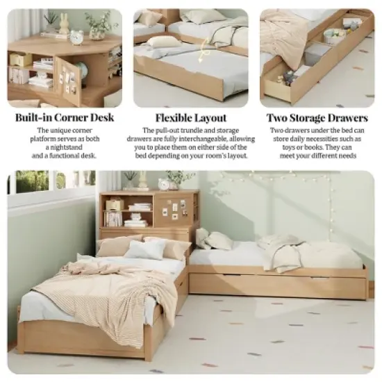 L-Shaped Combination Twin Size Bed Frame with Trundle & Drawer, 3-in-1 Low Corner Platform Bed Linked with Built-in Desk - ModernLuxe image {2}