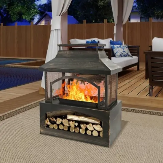 WELLFOR 37" Rectangular Metal Outdoor Fireplace with Built-in Log Storage Bronze image {2}