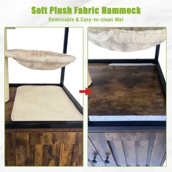 Litter Box Enclosure with Tree and Stainless Steel Litter Box, Wooden Cat House Cabinet On Wheels,  Litter Furniture with Condo, Platforms image {5}