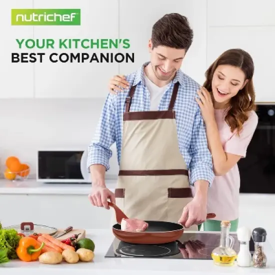 NutriChef Kitchenware 17-Piece Non-Stick Cookware Set, Space-Saving, Stackable, Induction Base, Brown image {1}