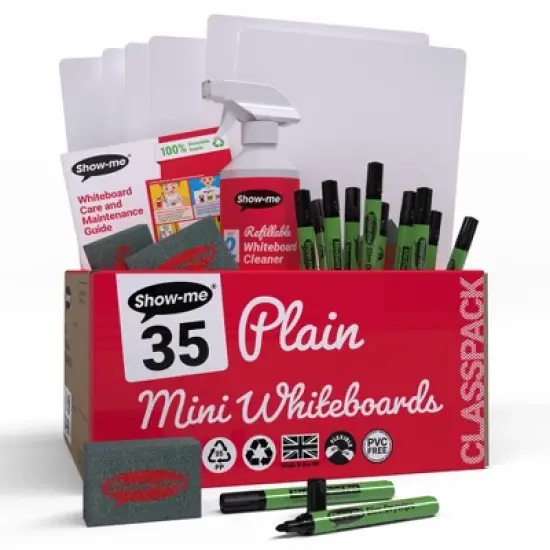 Show-me&reg; Classpack of 35 x A4 Plain/Plain Whiteboards, with Pens, Erasers, Cleaner image {7}
