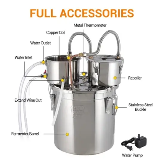3 Gal Still, Double Cooled Alcohol Still, Home Commercial Style Brewing Kit, 3 Stainless Steel Barrels, With Built-In Thermometer and Water Pump image {1}