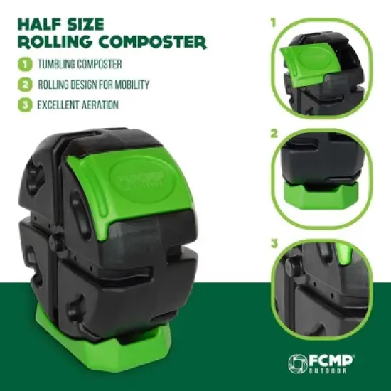 FCMP Outdoor RC2000WB-GRN 19-Gal 2.5 cu ft Plastic Resin Single Chamber Half Size Rolling Composter Outdoor Rotating Garden Compost Bin image {2}