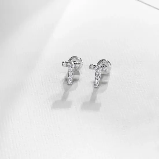 Girl's Cubic Zirconia Letter Initial Screw Back Sterling Silver Earrings - In Season Jewelry image {3}