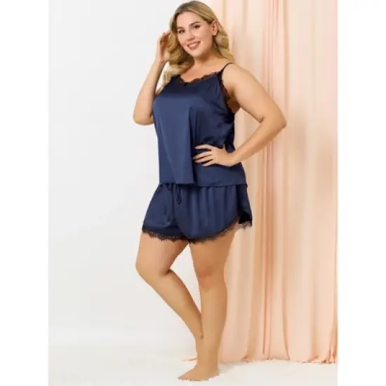 Agnes Orinda Women's Plus Size Lace Panel Elastic Waist Camisole Pajama Set image {1}