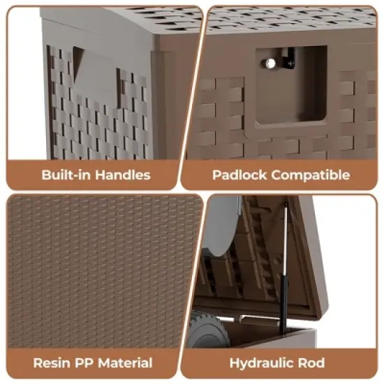 73 Gallon Outdoor Resin Deck Box, Waterproof Lockable Patio Storage Container, Brown Rattan-Style Deck Box image {4}