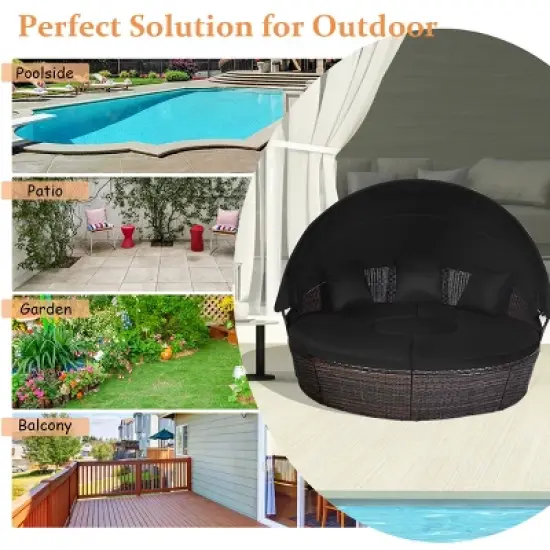 Costway Patio Rattan Daybed Cushioned Sofa Adjustable Table Top Canopy Black image {5}
