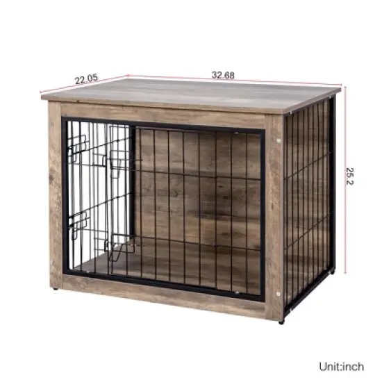 FURNIinspire Pet Crates And Houses Dog Crate Furniture With Double Doors, Medium Wooden Dog Cage, Indoor Dog Kennel, Brown, 32.68"*22.05"*25.2" image {2}