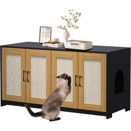 2  Cat Litter Box Cabinet, 47'' Hidden Litter Box Enclosure with Double Room, Wooden Cat House TV Stand Sideboard with 4 Sisal Doors image {8}