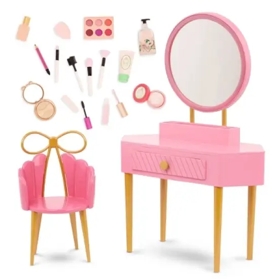 Our Generation Fabulous Fun Pink Vanity Table & Chair Dollhouse Accessory Set for 18'' Dolls image {6}