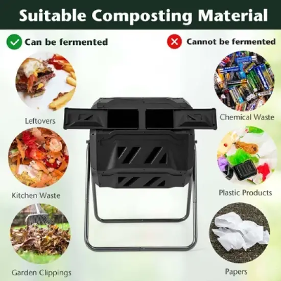 Costway 42-Gal Compost Bin Dual Chamber Composting Tumbler with 2 Sliding Doors Metal Frame Black/Green image {4}