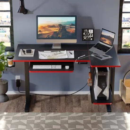 Bestier 57" Standing Computer Desk, Height Adjustable Desk with Keyboard Tray & Host Shelf for Home Office, L-Shaped Gaming Desk with Pegboard image {6}