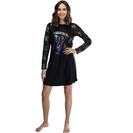 Harry Potter Juniors' Hogwarts Rainbow Hologram Raglan Nightgown Pajama image {3}
