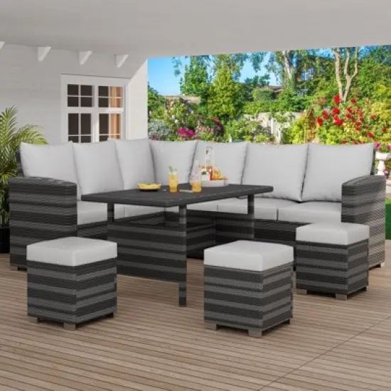 Whizmax 7-Piece Outdoor Sectional Sofa Set with Rattan Dining Table & Ottoman, Patio Furniture for Garden, Backyard image {9}