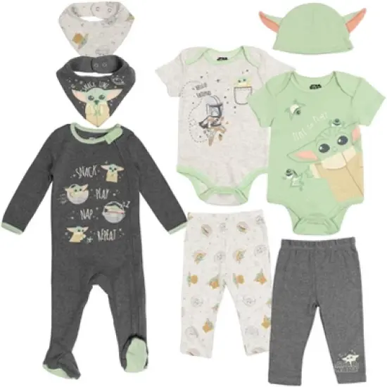 Star Wars The Mandalorian The Child Baby Bodysuits Sleep N' Play Coverall Pants Hat and Bibs 8 Piece Outfit Set Newborn to Infant  image {7}