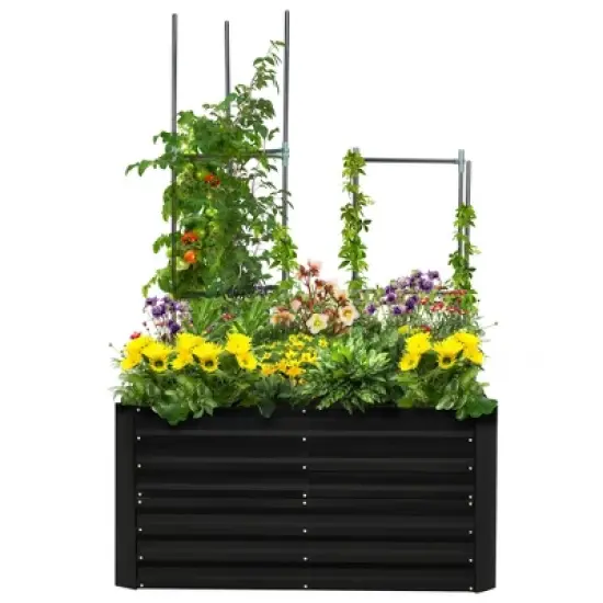 Outsunny Raised Garden Bed, Galvanized Elevated Planter Box with 2 Trellis Tomato Cages, Reinforcing Rods, 4' x 3' x 2', Black image {3}