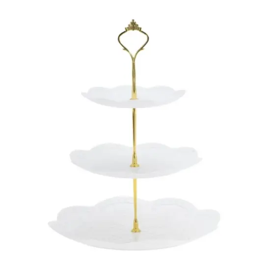 Unique Bargains 3 Tier Dessert Cupcake Stand Round Tiered Serving Tray for Donuts Fruits White Gold Tone image {6}