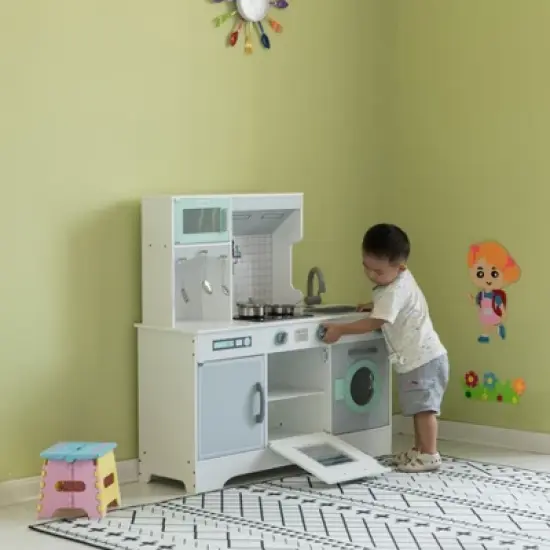 Gardenised Wooden Play Kitchen Toy, Light on Microwave, Cabinet, Washer, Sound Electronic Stove, Microwave and Sink Ages 3+ image {8}